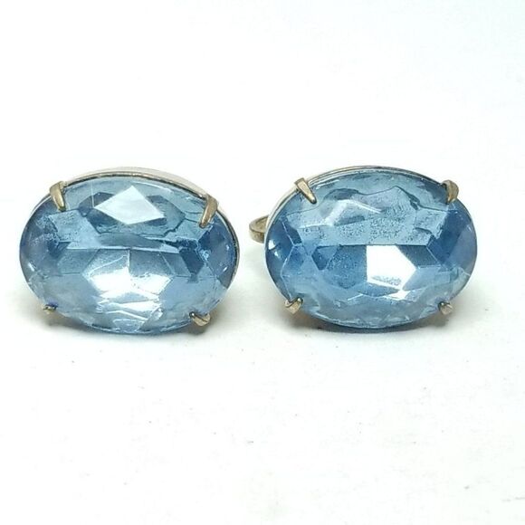 Vintage Blue Oval Rhinestone Clip On Earrings, Screw Backs, Retro Sparkle Estate - Picture 5 of 5